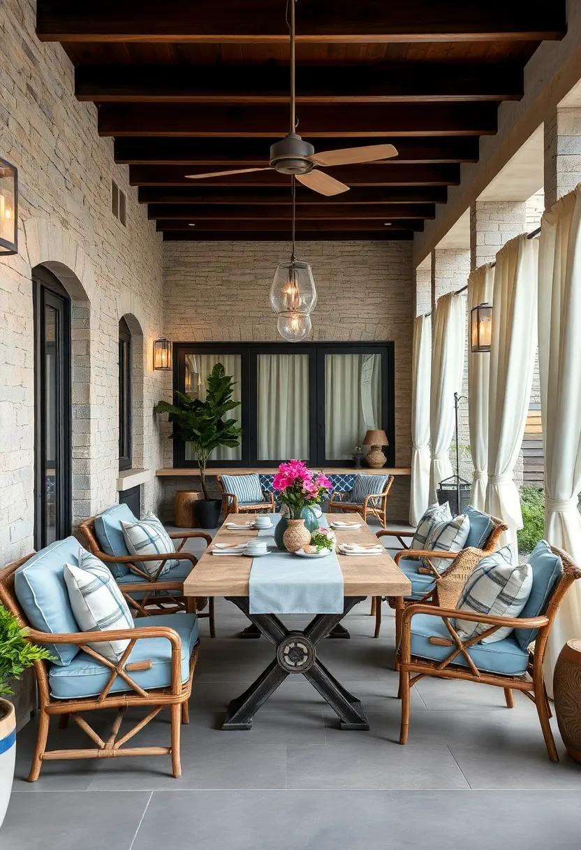 Coastal Chic Outdoor Space with Weathered Blue Furniture, Driftwood Accents, and Soft Breezy Curtains