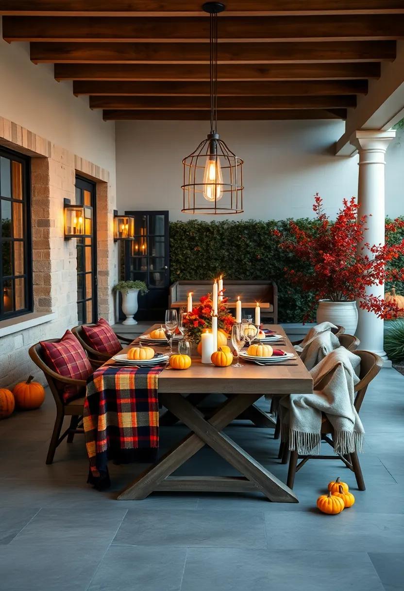 Warm Autumnal Setting with Pumpkin Accents, Plaid Throws, and Soft Candles on an Outdoor Table Ready for evening Meals