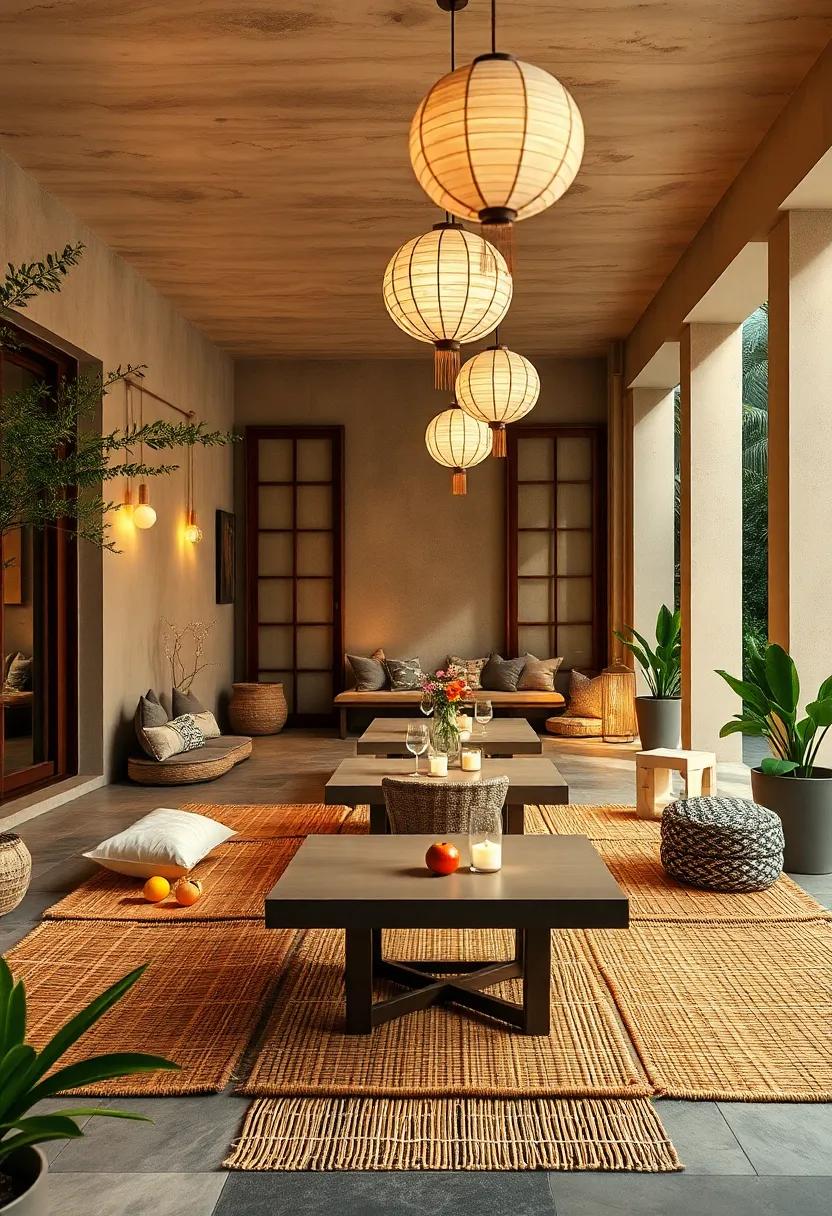 Peaceful Zen Inspired Alfresco Dining Space Featuring Bamboo Mats, Low Tables, and Delicate Paper Lanterns