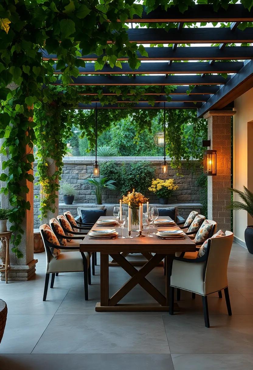 Lush Green Vines Entwining a Pergola Over a Classic Rectangular Dining Table Set With Pastel Dinnerware and Candlelight