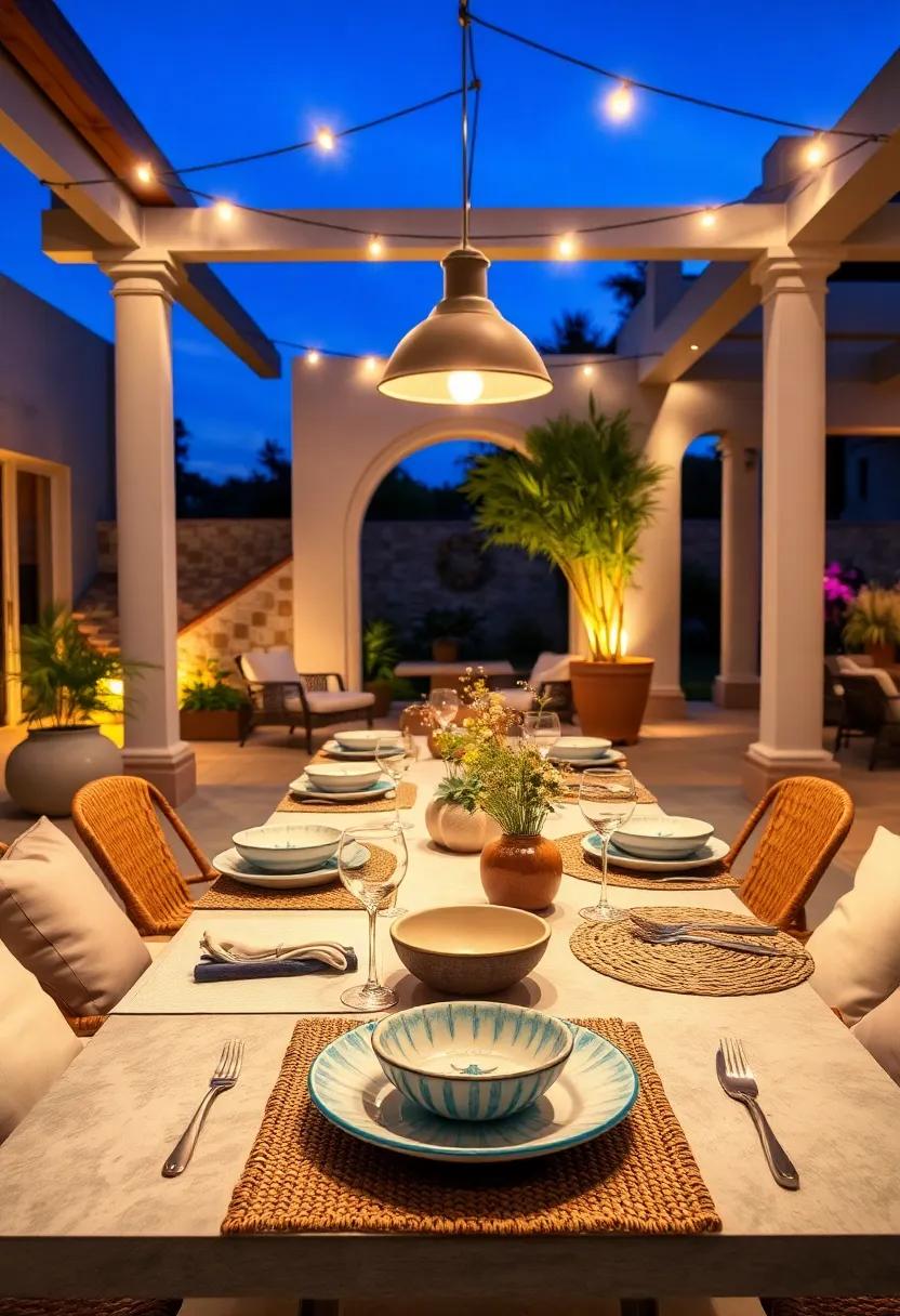 Artisan Ceramic Plates and Handwoven Placemats Adorning a mediterranean Style Outdoor Dining Table at Twilight