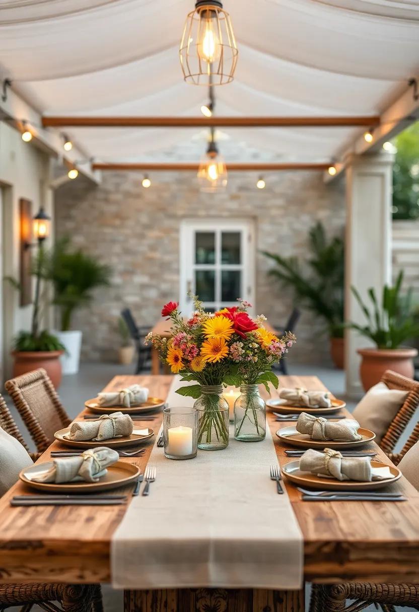 Rustic Farmhouse Table Set With Mismatched Mason Jar Candle Holders and Wildflower Bouquets Under a Canopy