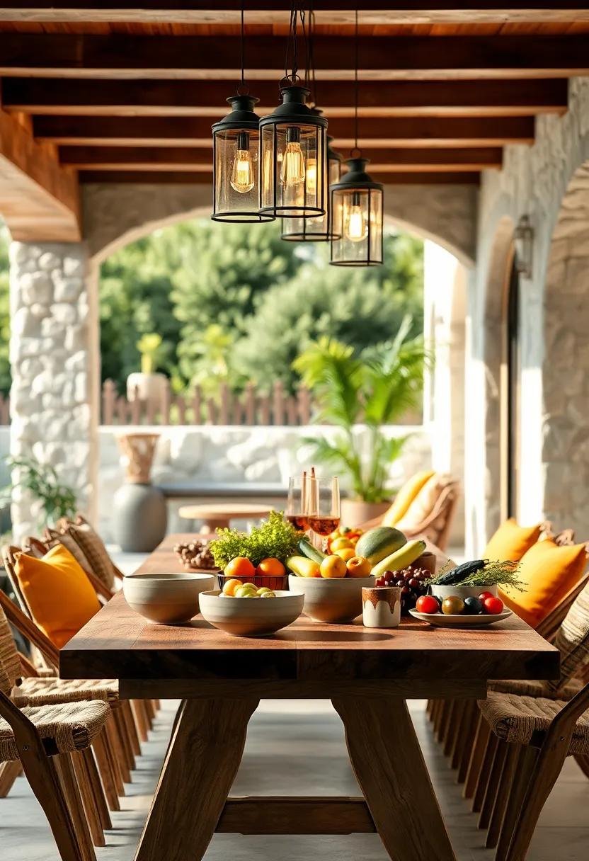 Industrial Urban Rooftop Dining Area with Metal Chairs, Exposed Brick Backdrop, and Dramatic Pendant Lighting