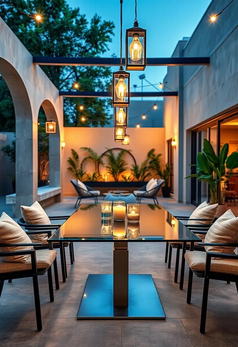 Minimalist Glass Table Reflecting the Soft Light of Hanging Lanterns in a Sleek Contemporary Patio Setting