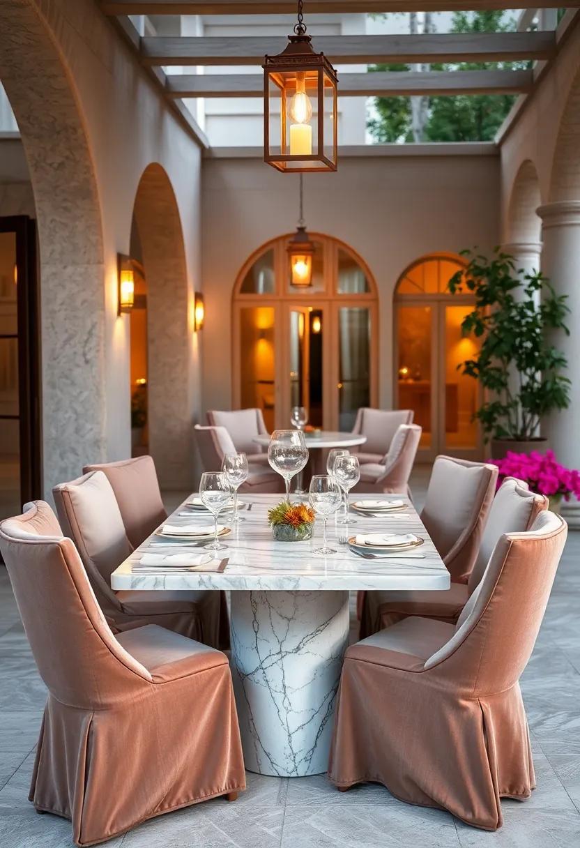Elegant Marble Table Set With Crystal Glassware and soft Velvet Chairs Under Lantern Light on a Terrace