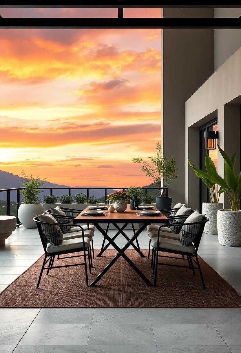 Contemporary Black Metal Dining Set Against a Backdrop of Dramatic Sunset Skies and Minimalist Plant Decor