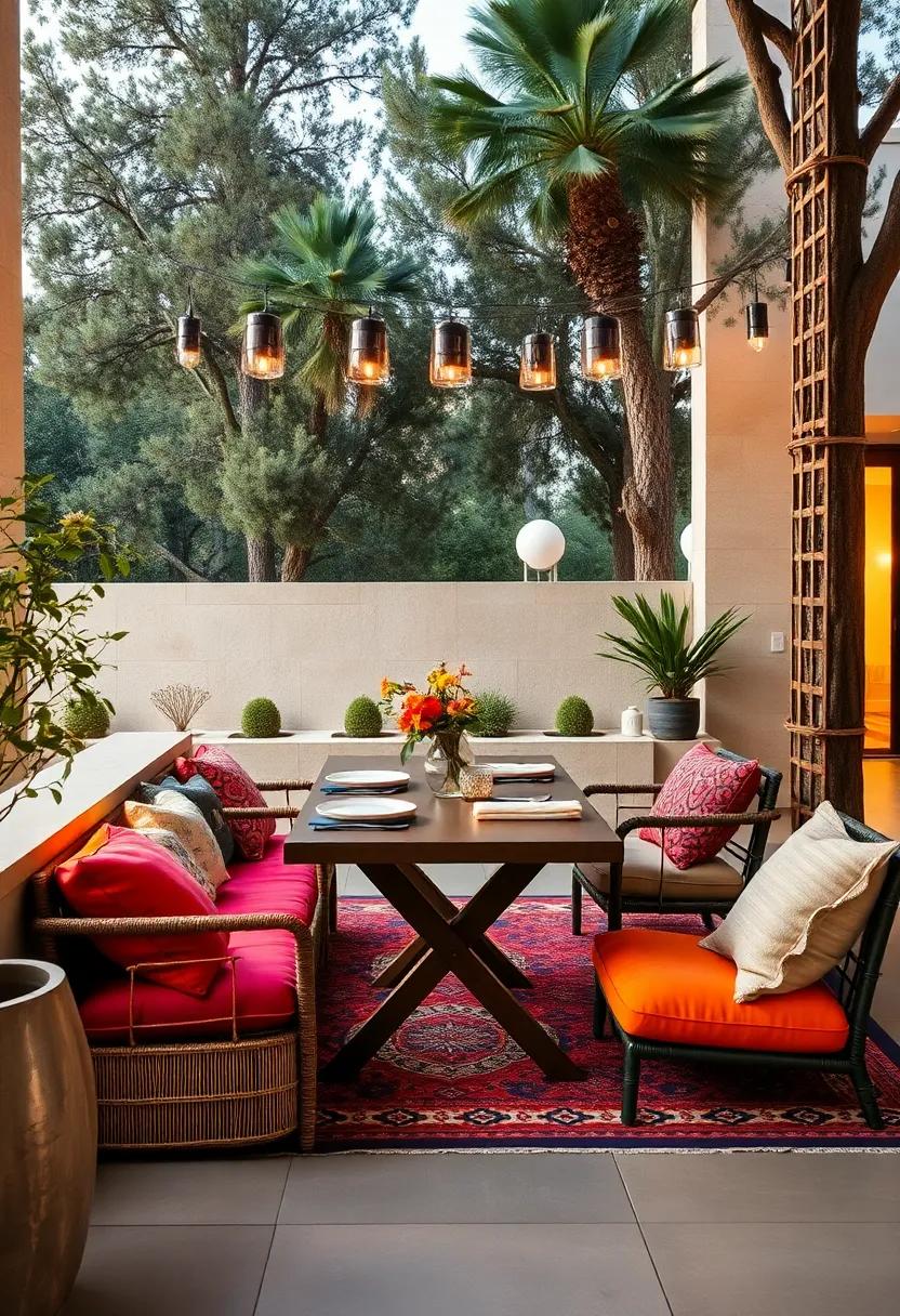 Vibrant Colorful Cushions and Bohemian Rugs enhancing a casual Outdoor Dining Area Set Beneath Tall Trees