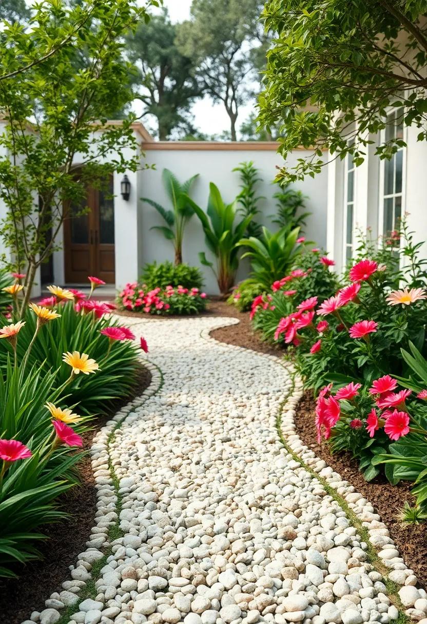 Crushed seashell Path Winding Gracefully Through Lush Green Garden with Blooming Flowers Surrounding