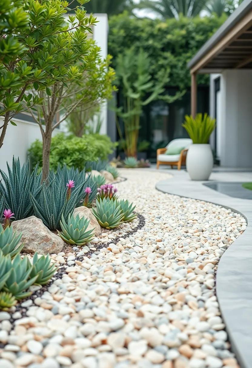 Seashell Path Lined by Delicate Succulents⁣ and low Blooming Perennials Creating a natural Frame