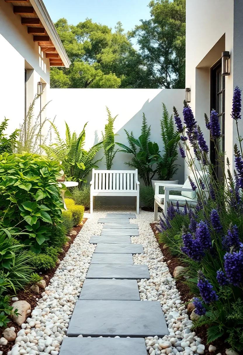 Lush Herbs and Aromatic Lavender Bordering a Narrow Crushed Seashell Trail Leading ⁣to a White Garden Bench