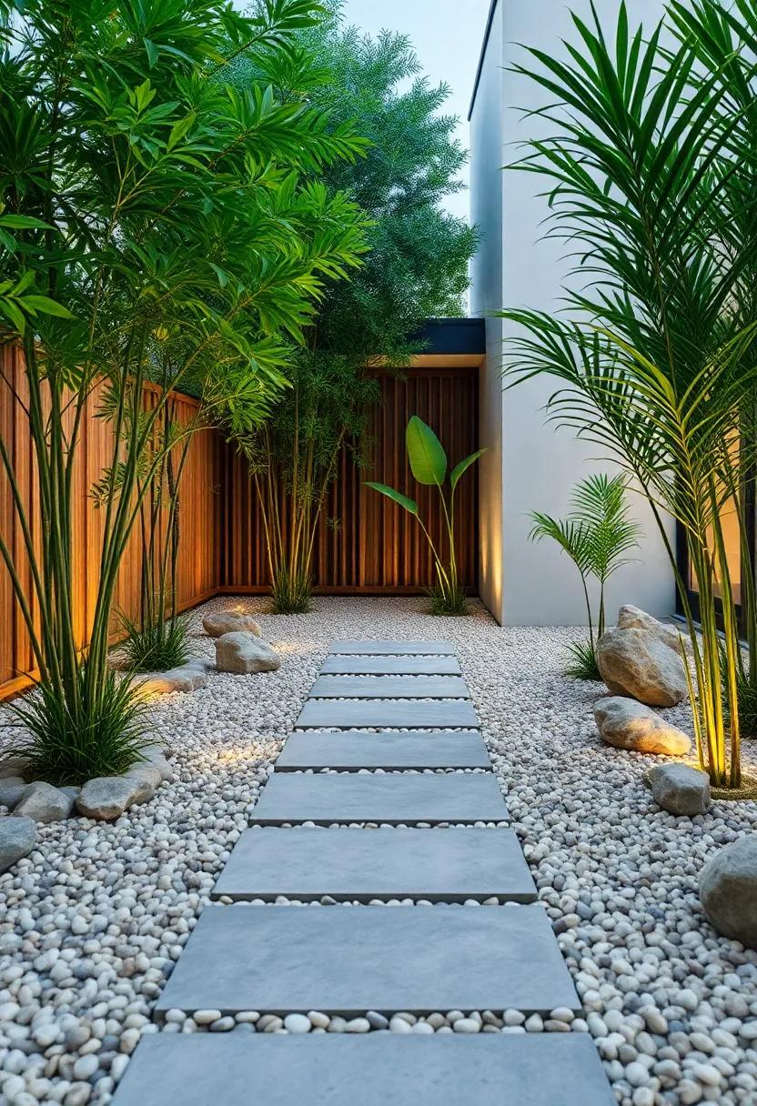 Zen-Inspired Front Yard Featuring Minimalist Crushed Seashell Paths with Bamboo ‍Fencing⁣ and Rock Gardens
