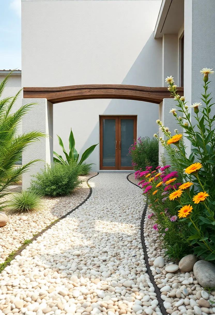 Rustic ⁤Wooden Bridge Arching Over‌ a Narrow ‍Seashell Trail ‌with Wildflowers⁤ Blooming Alongside