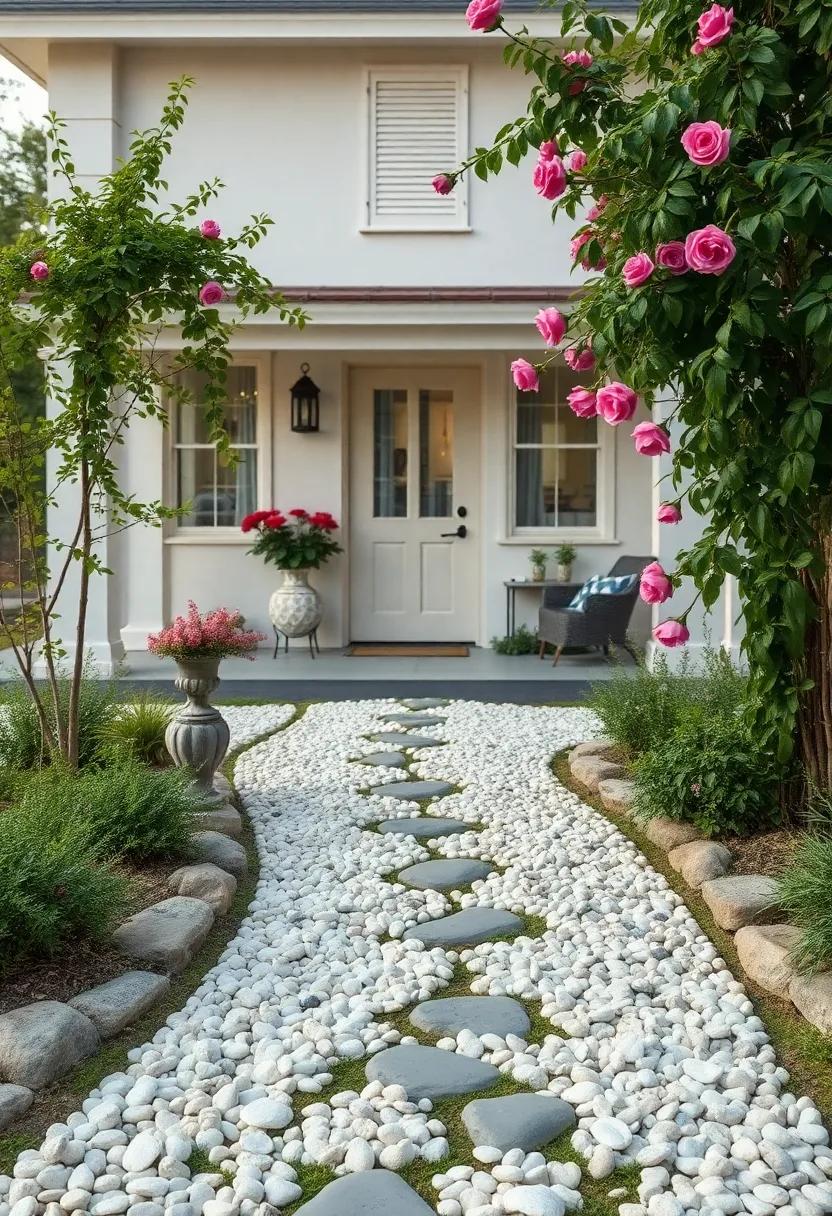Old-World Cottage Front Yard Showcasing a Meandering Crushed ⁤Seashell Trail with Climbing Roses