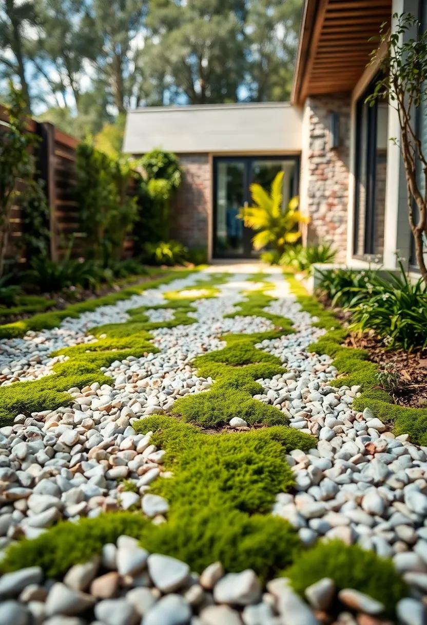 Low Angle View of ⁢Crushed Seashell Textures Against Soft Moss and Tiny Wildflowers on Path⁢ Edges