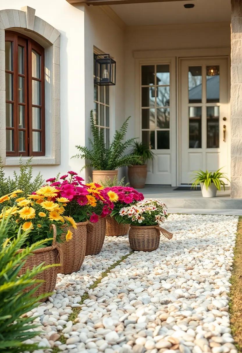 Rust Chic Front Yard Featuring Woven Baskets of Fresh Flowers Alongside a Pristine Crushed Seashell trail