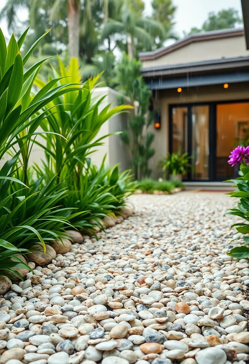Gentle⁢ rain Creating Shiny Surfaces on ​a Crushed seashell Path Surrounded by Fresh Green Foliage