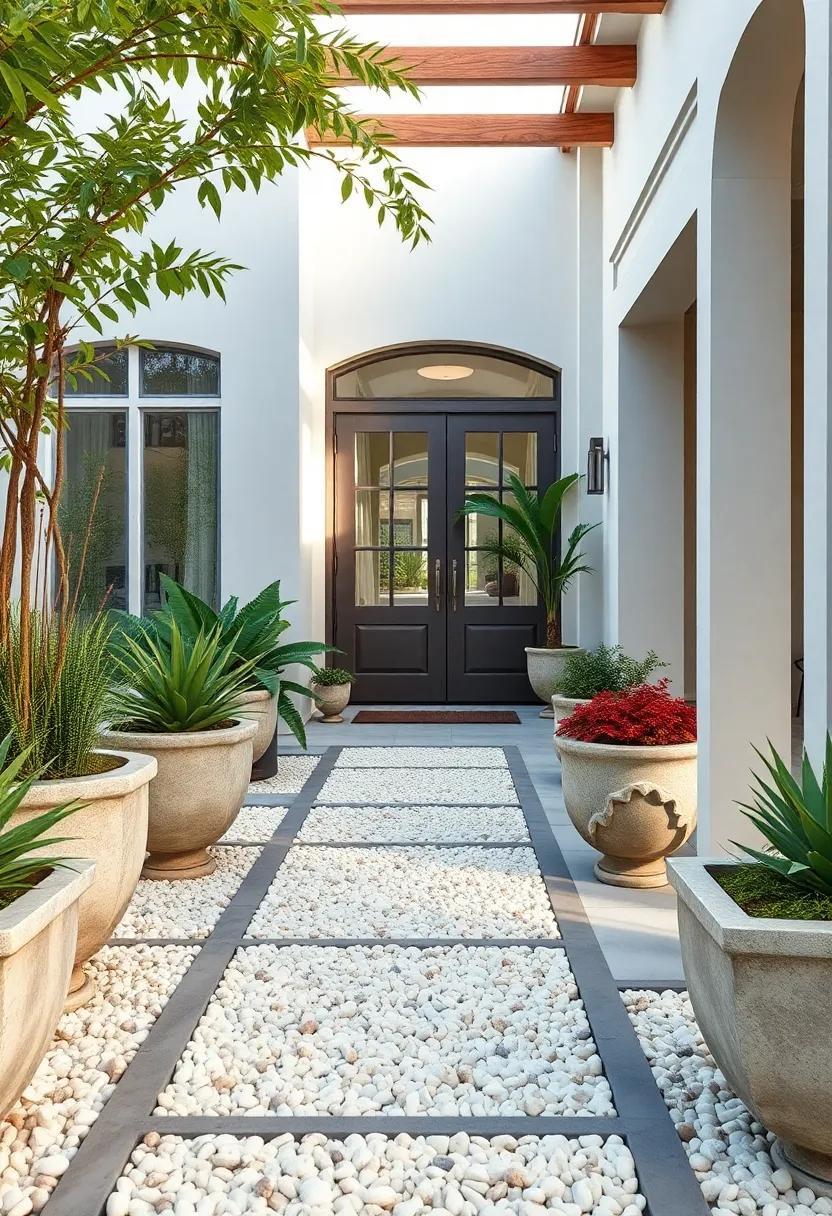Classical Stone Planters ⁣and Mediterranean Herbs Flanking a Clean Crushed seashell Walkway Near Entrance