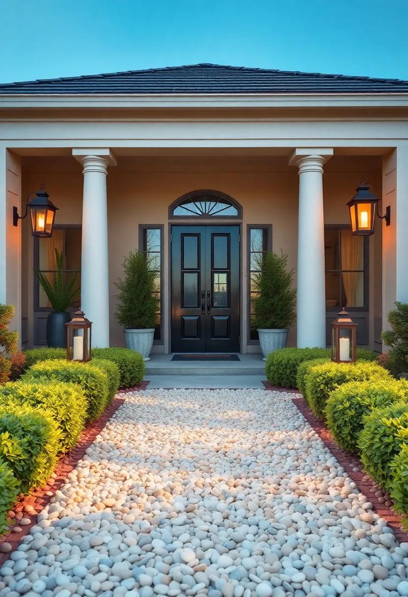 Elegant Front Yard Entrance ⁢Featuring A Wide Seashell Path‍ Framed by Symmetrical Shrubs and Vintage Lanterns