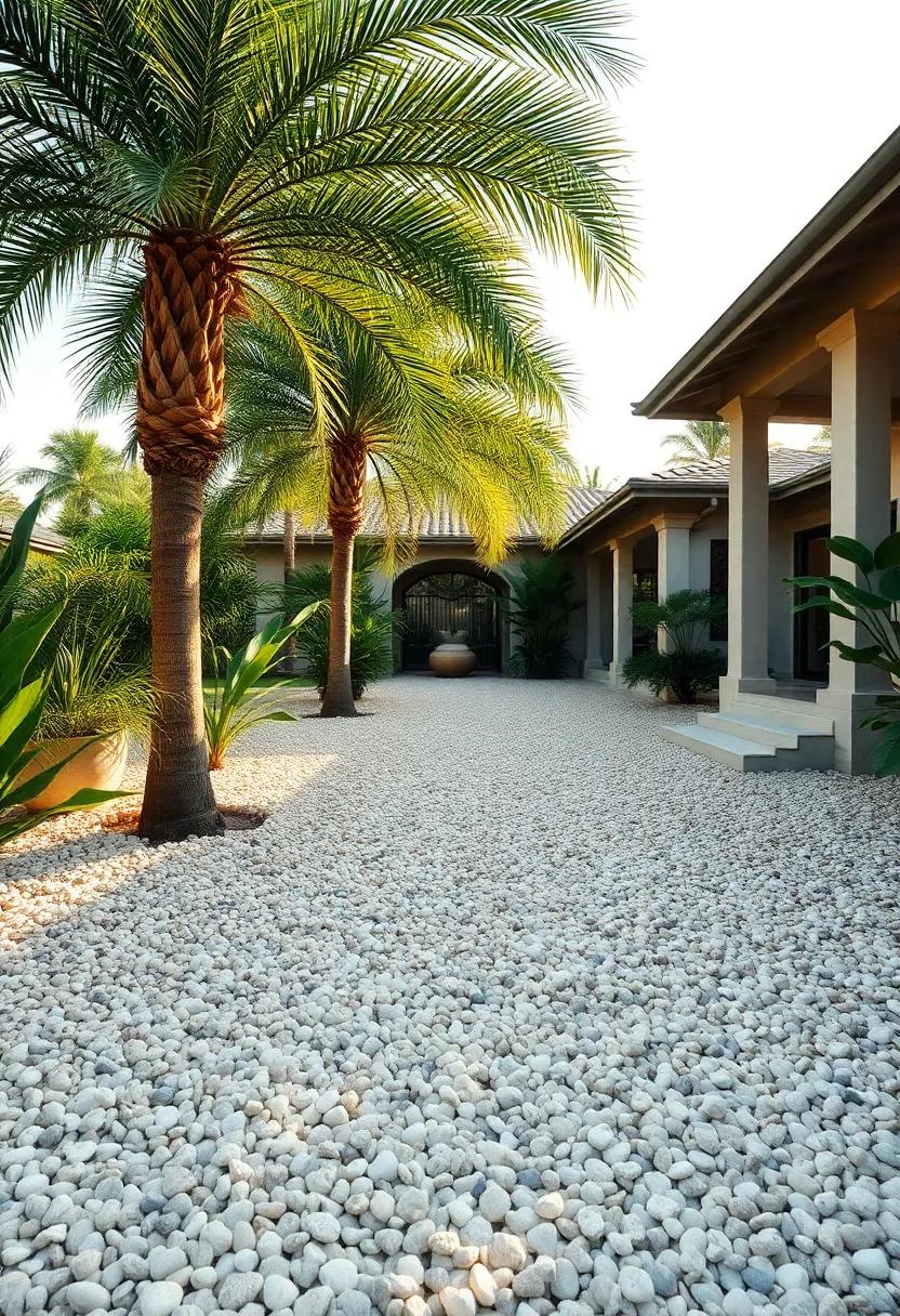 Tropical-Style Front Yard With Palm ​Trees and A Curved crushed Seashell Path Highlighted by Warm Sunlight