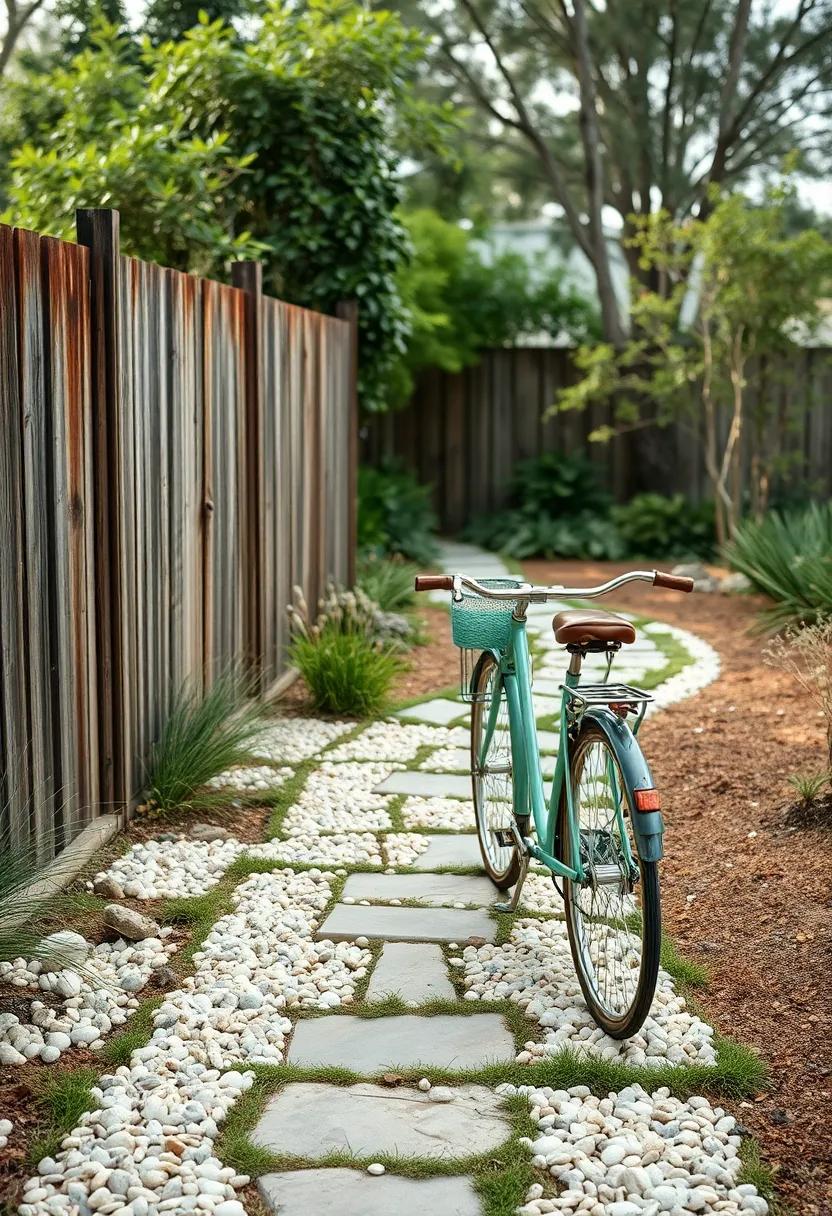Vintage Bicycle Leaning Against a Rustic Fence Next to a Crushed Seashell Path Winding into a Secret garden