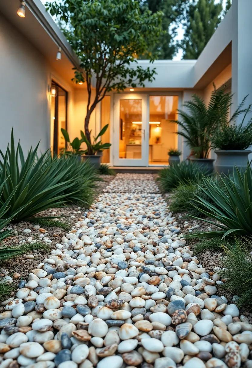 Seashell ​Path Reflecting Soft Morning Dew ⁢with Tiny Crabs and Beach Pebbles Interspersed