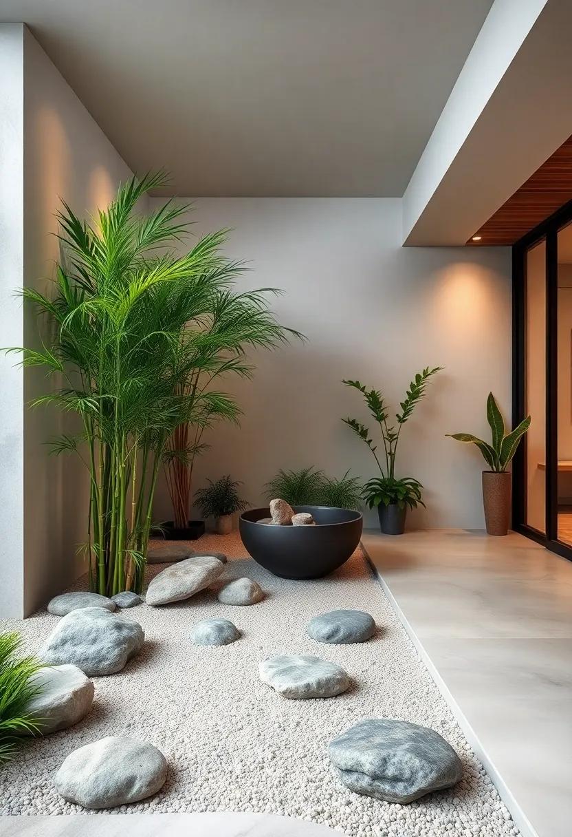 Minimalist Zen Gardens Showcasing Smooth Stones and Bamboo​ in Rainy Coastal Climates
