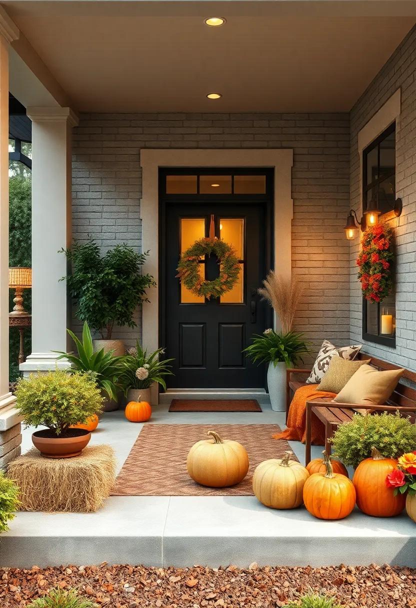 Cozy Front Porch Settings‌ with Hay Bales and Autumn Pumpkins in Seasonal Transitional Zones