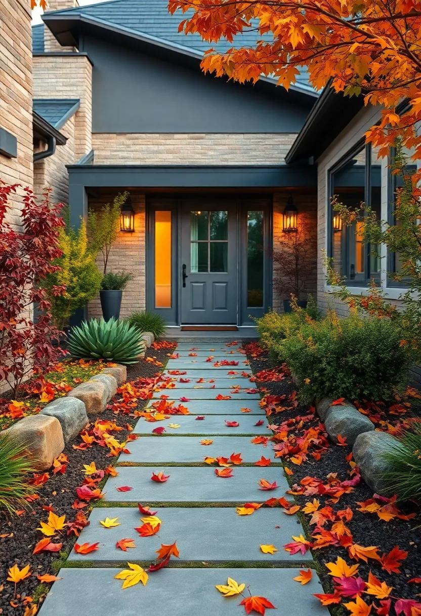 Colorful Autumn Leaves scattered Among Rustic Pathways in Temperate Front Yard Settings