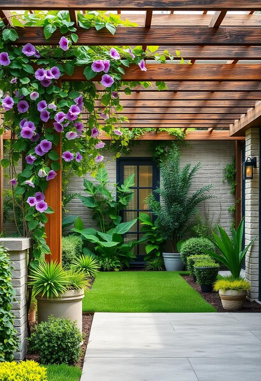 Dew-Kissed Morning Glories Crawling Over Rustic Trellises in Temperate ‌Front Yards