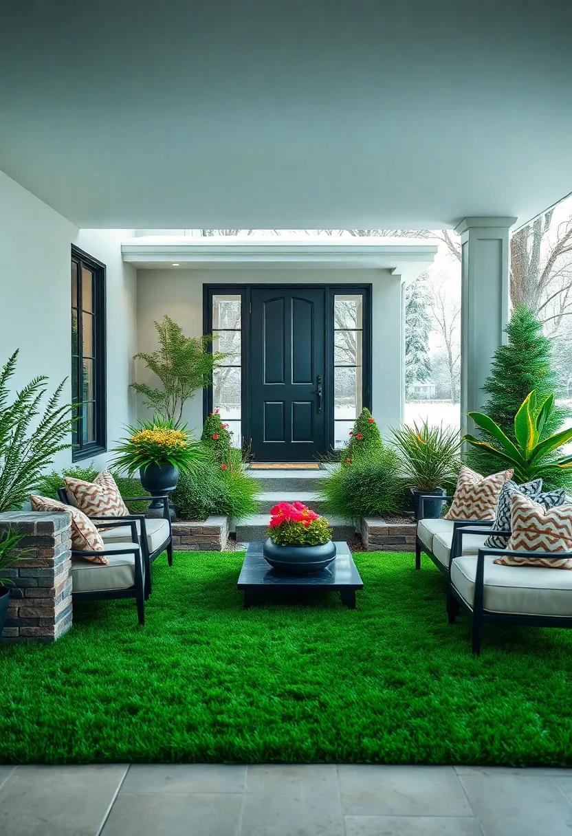 Lush Green Lawns against Snowy Backdrops Capturing the Essence of Cold Winter Front ‌Yards