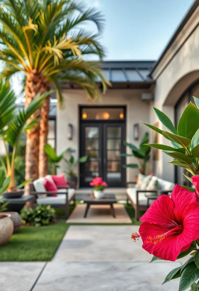 Tropical Front⁣ Yard Sanctuaries Highlighting Palm trees and Bright Hibiscus Flowers