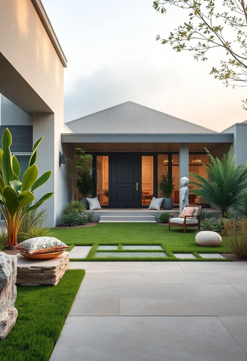 Contemporary Front Yard Scenes‍ Featuring Sculptural Elements ‌Under Soft Morning Fog