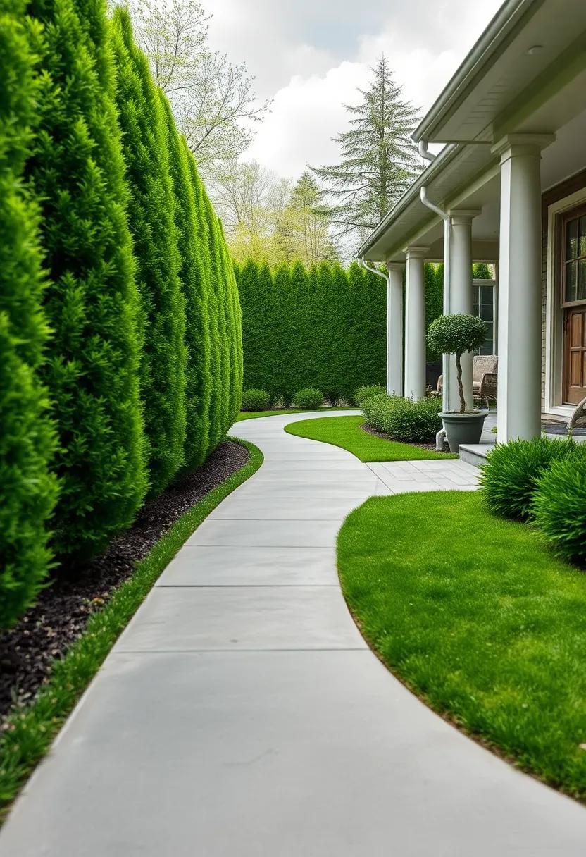 Front yard Pathways Curving Through Evergreen hedges Under Soft Spring Rain Clouds