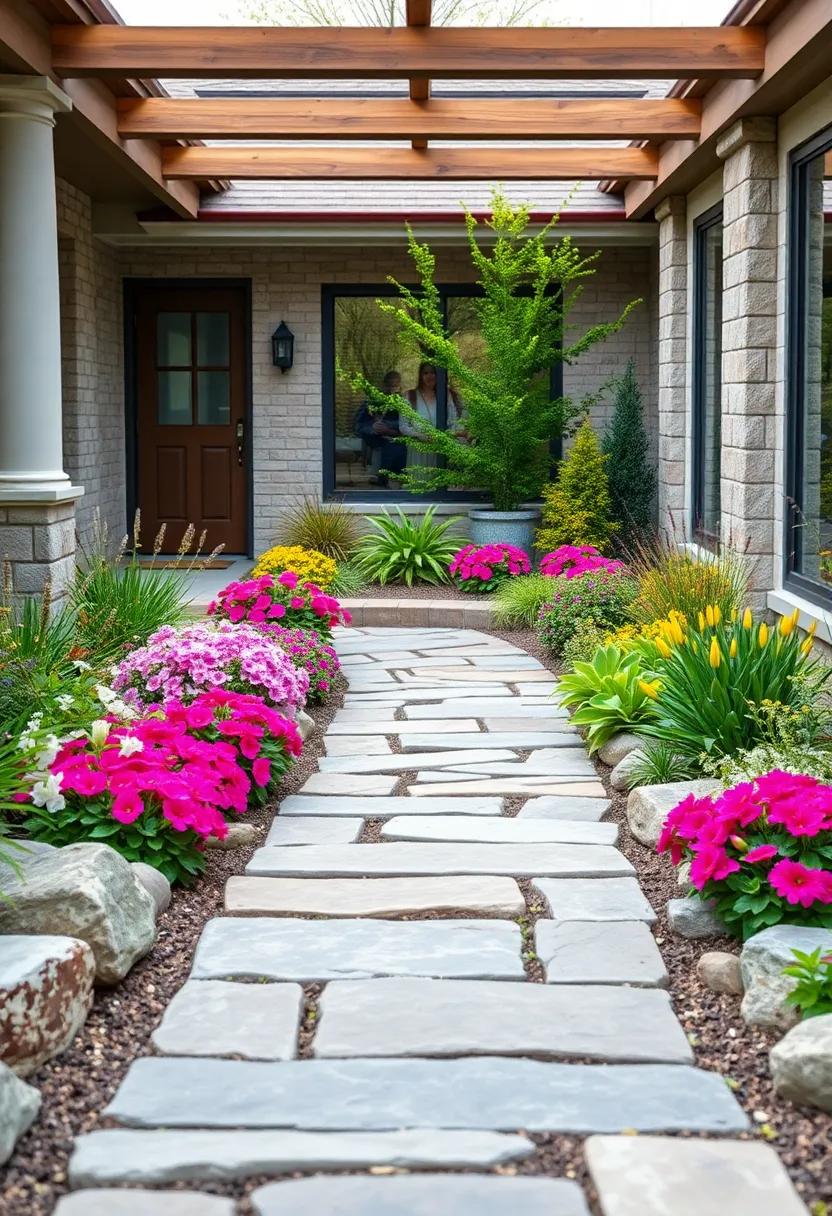 Vibrant Spring Blooms Nestled around Stone Pathways in High Altitude Mountain Front Yards