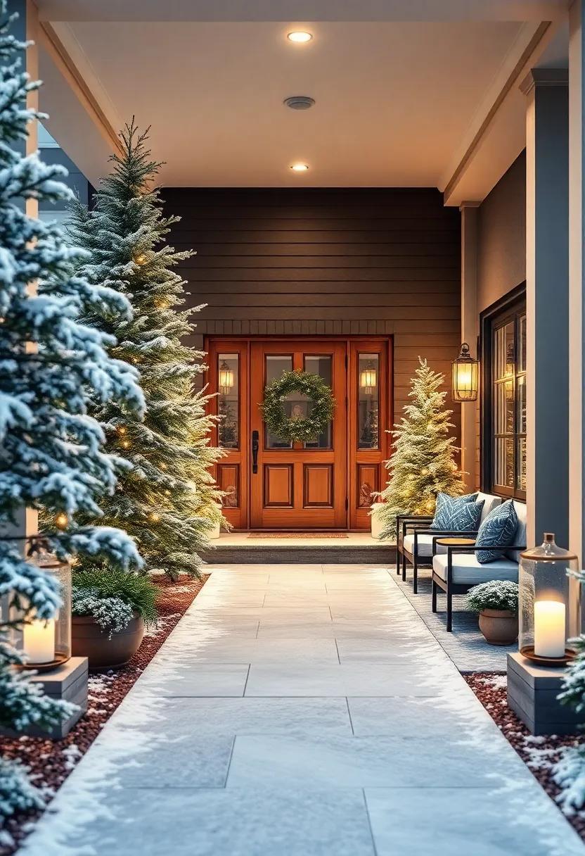 Snow-Covered Pine Trees and Icicle decorations Creating ‌Magical Cold Front Yard Vibes