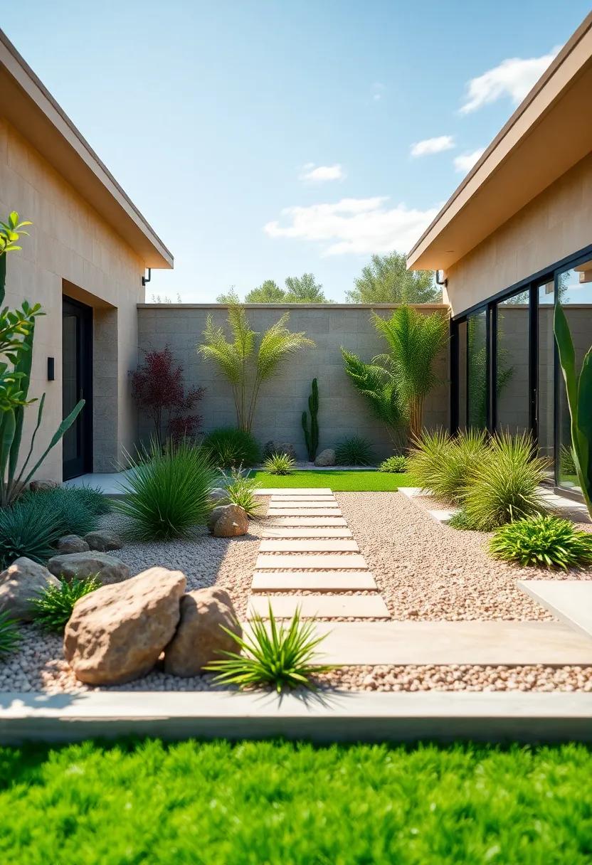 Open Front Yards with⁤ Sculptural⁤ Drought-Resistant Plants and rocky Outcrops in Arid Zones