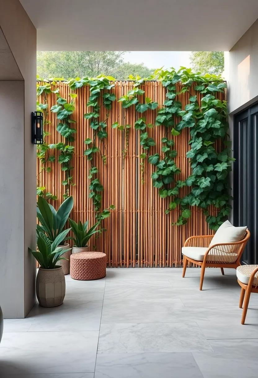 Bamboo Fence Enhanced by Lush Jasmine Vines for an Exotic‌ Touch
