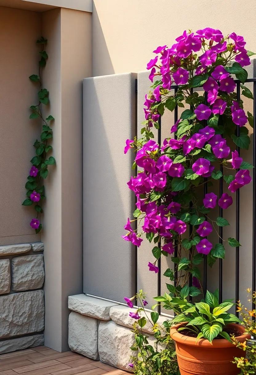 Decorative Metal fence Twined with Vibrant morning Glories