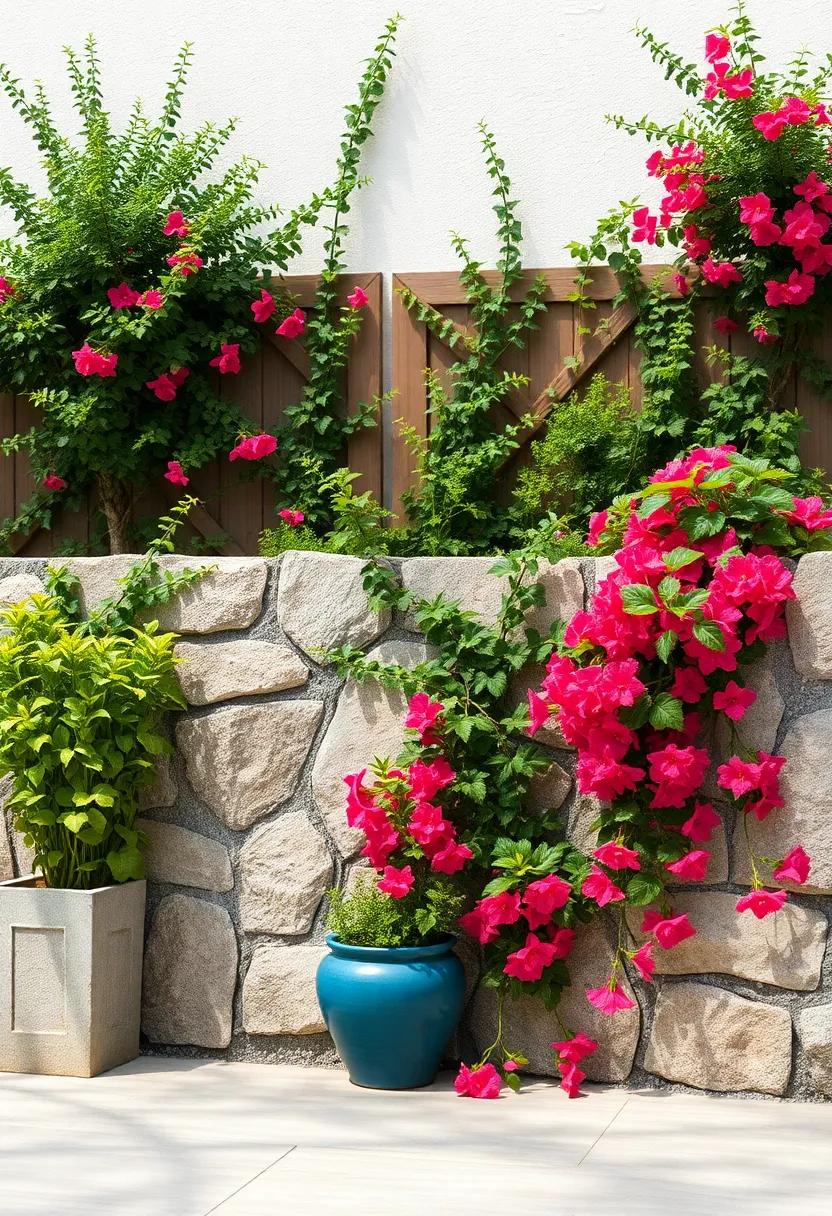 Irregular stone Fence Dressed with Vibrant ⁢Coral Honeysuckle
