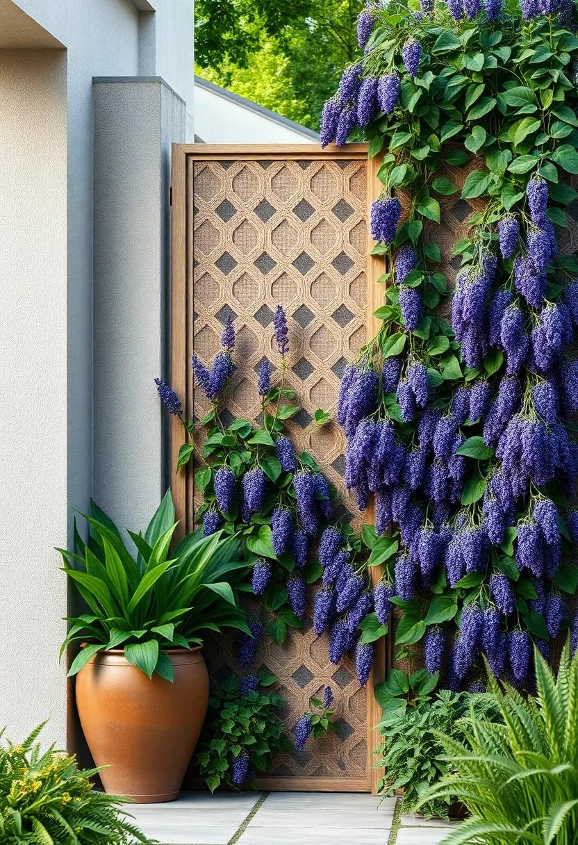 Lattice⁤ fence Panel Covered in⁢ Heavy Lavender ‌Clusters