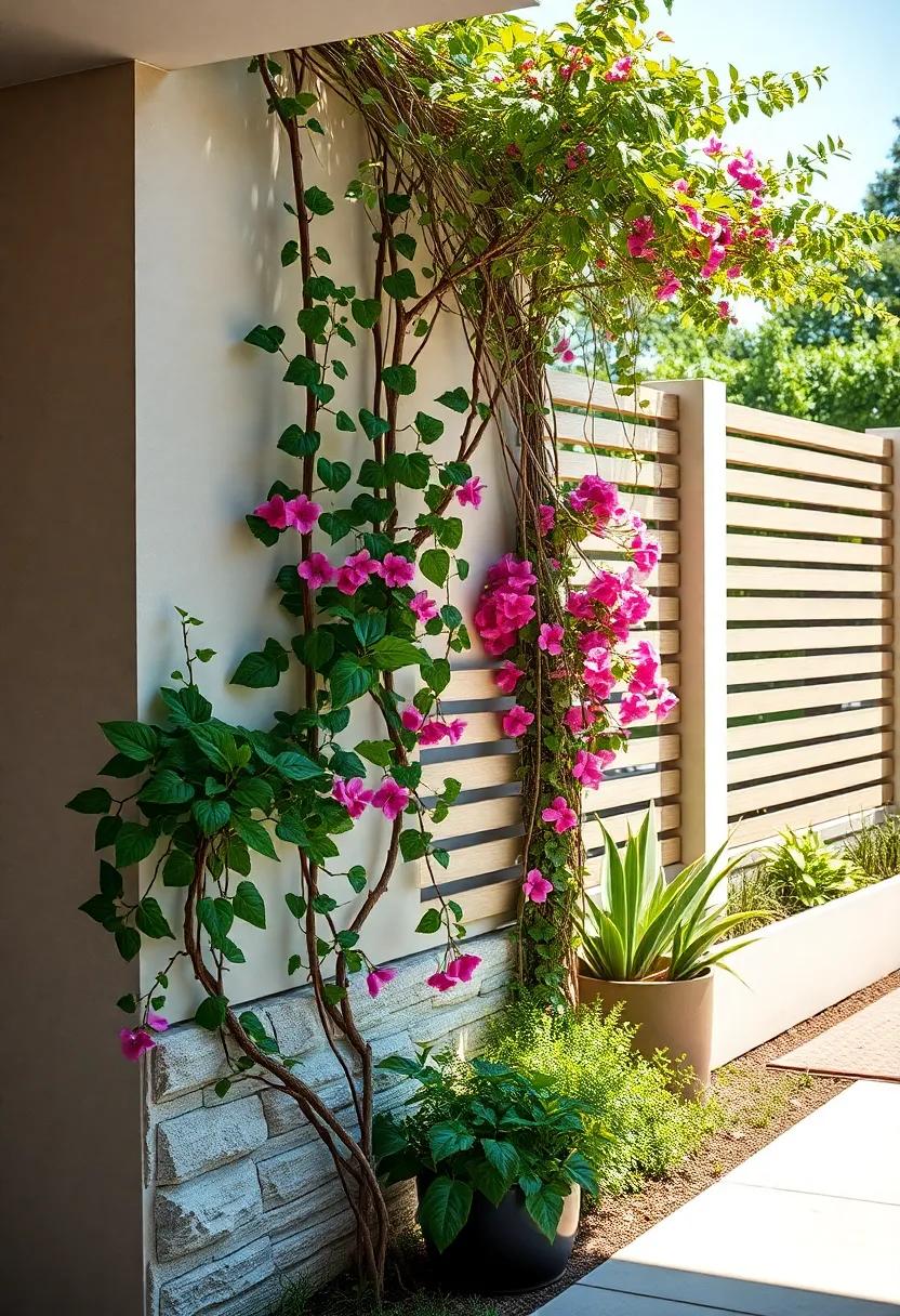 Modern ‌Horizontal⁢ Slat Fence ​Embellished with Fragrant Honeysuckle
