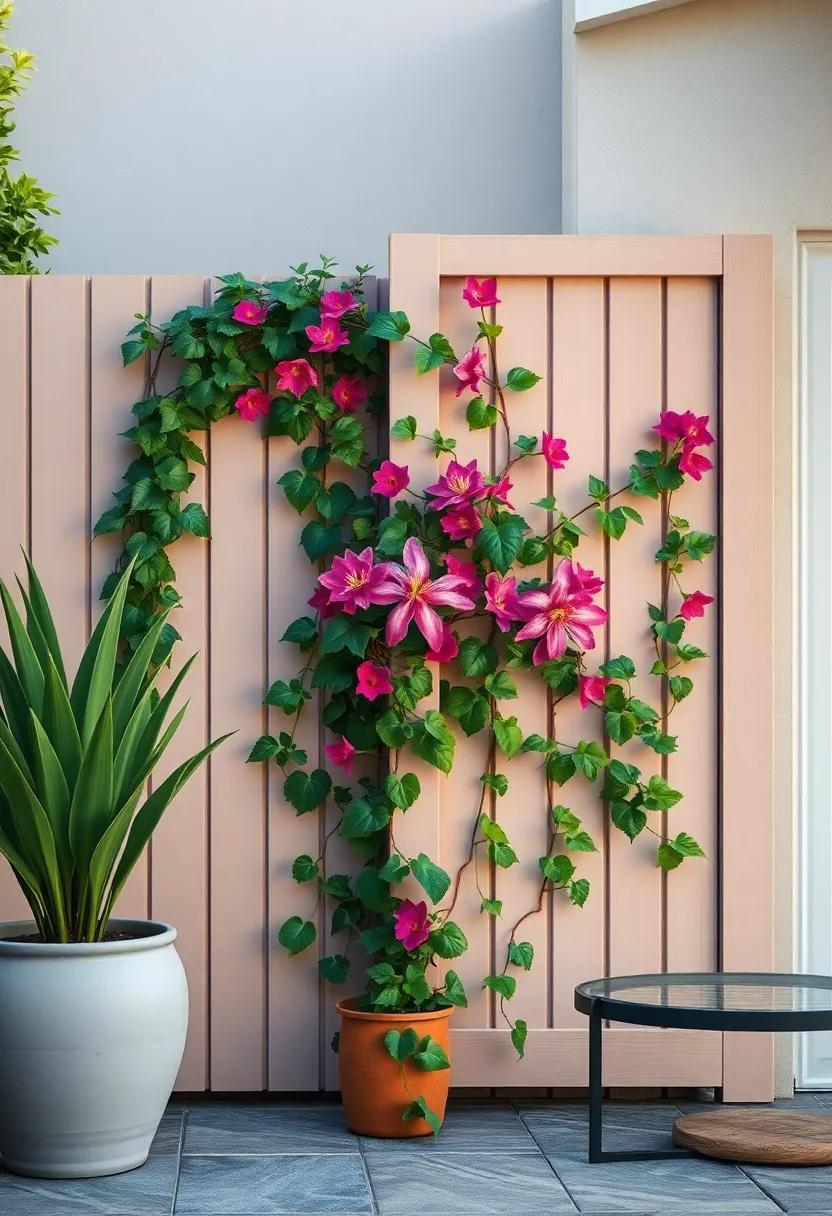 Painted Fence Panels Wrapped ⁢in Colorful Passionflower
