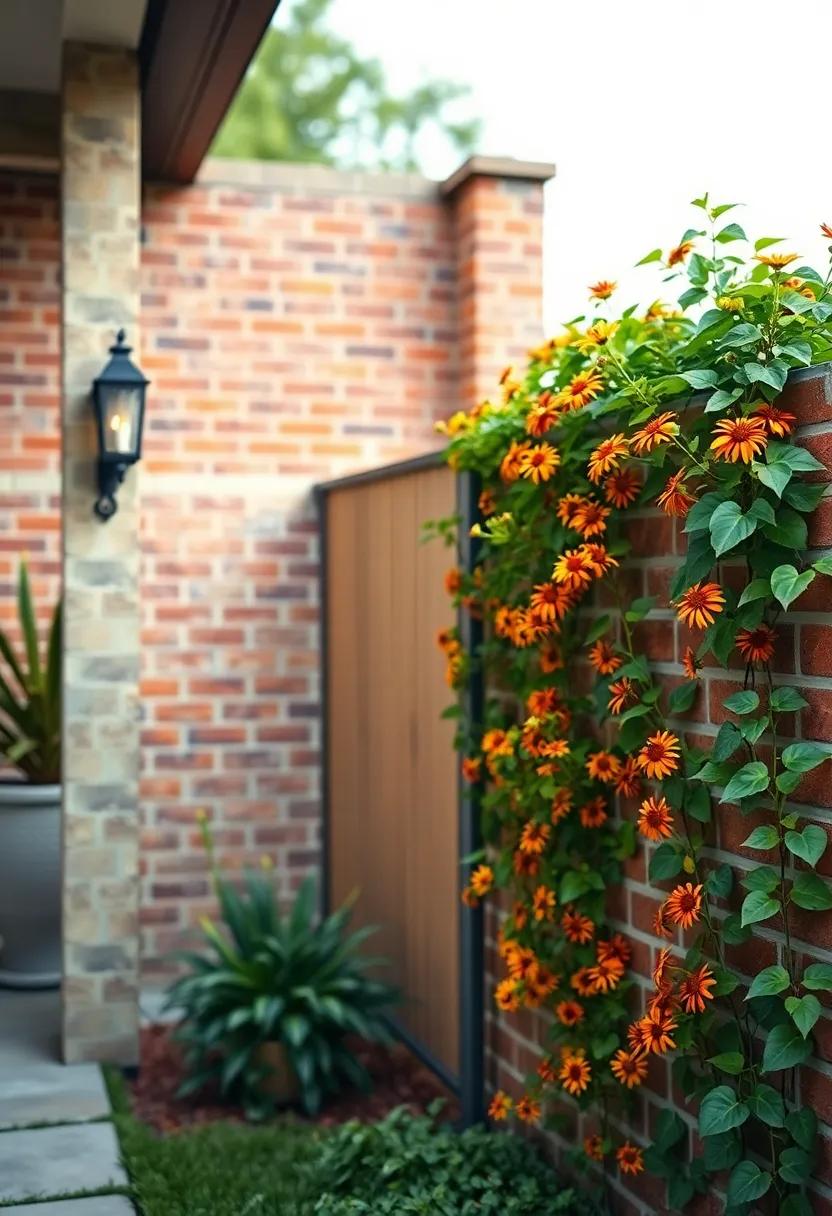 Painted Brick Fence Enhanced ​by Sprawling Black-eyed Susan Vine