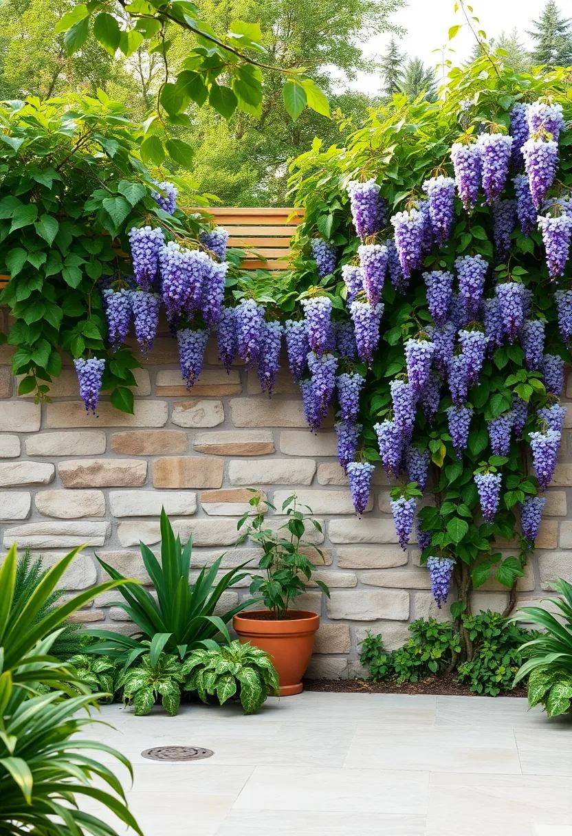 Stone Wall Fence Softened by Cascading Wisteria ​Clusters