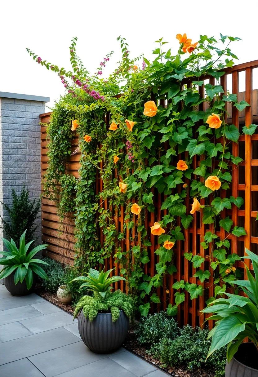 Trellis-Integrated Fence Showcasing ‍Flourishing Trumpet Vines