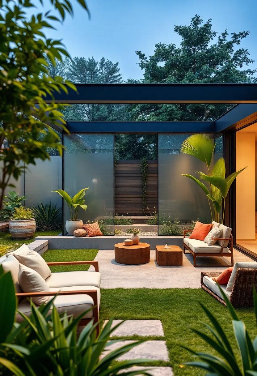 A Contemporary Garden with Frosted and‍ clear Glass Panels Differentiating⁤ Relaxation Zones