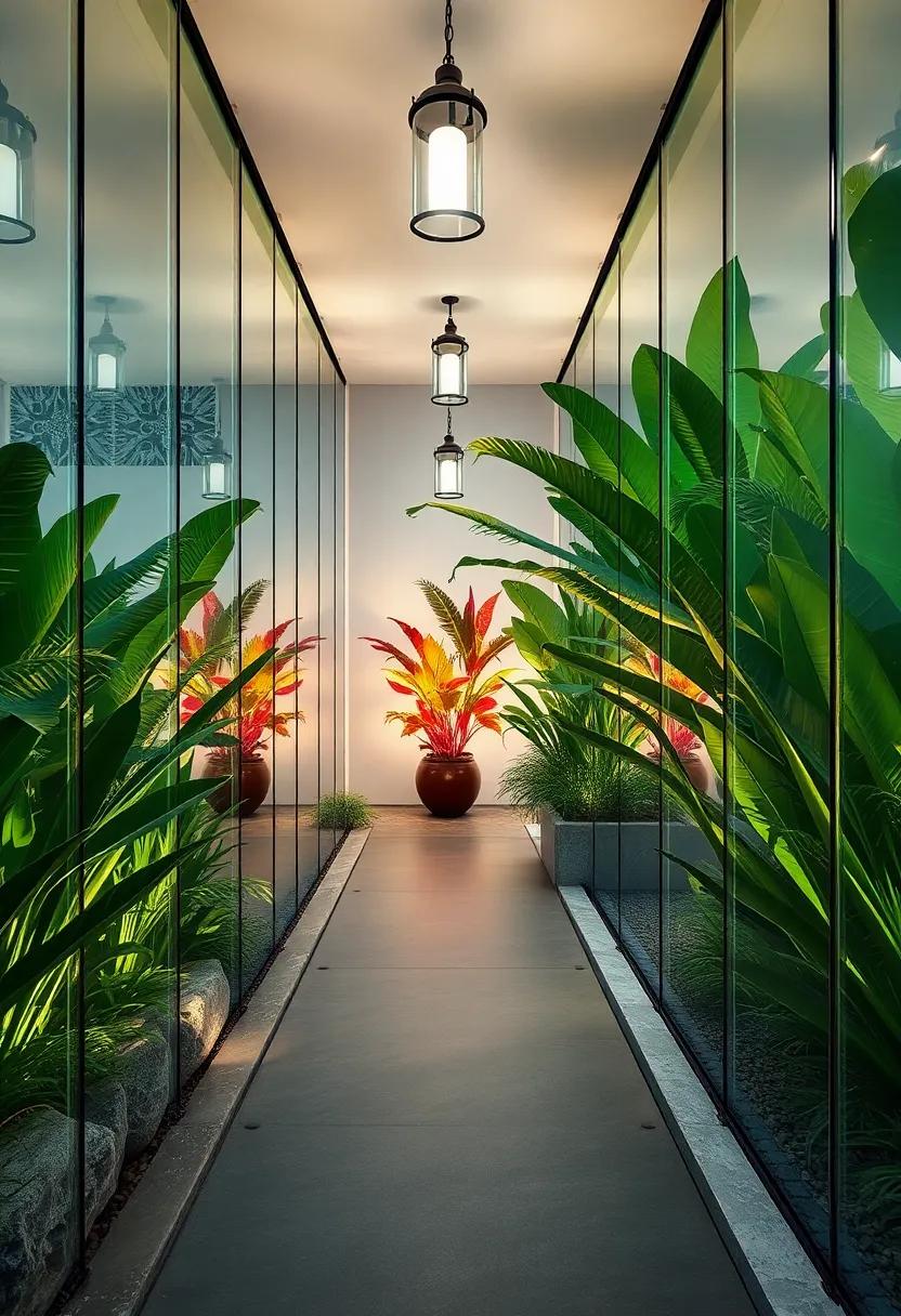 Garden Walkways Flanked by Glass panels Reflecting Vibrant Tropical Plants Under Soft‌ Lantern⁤ Light