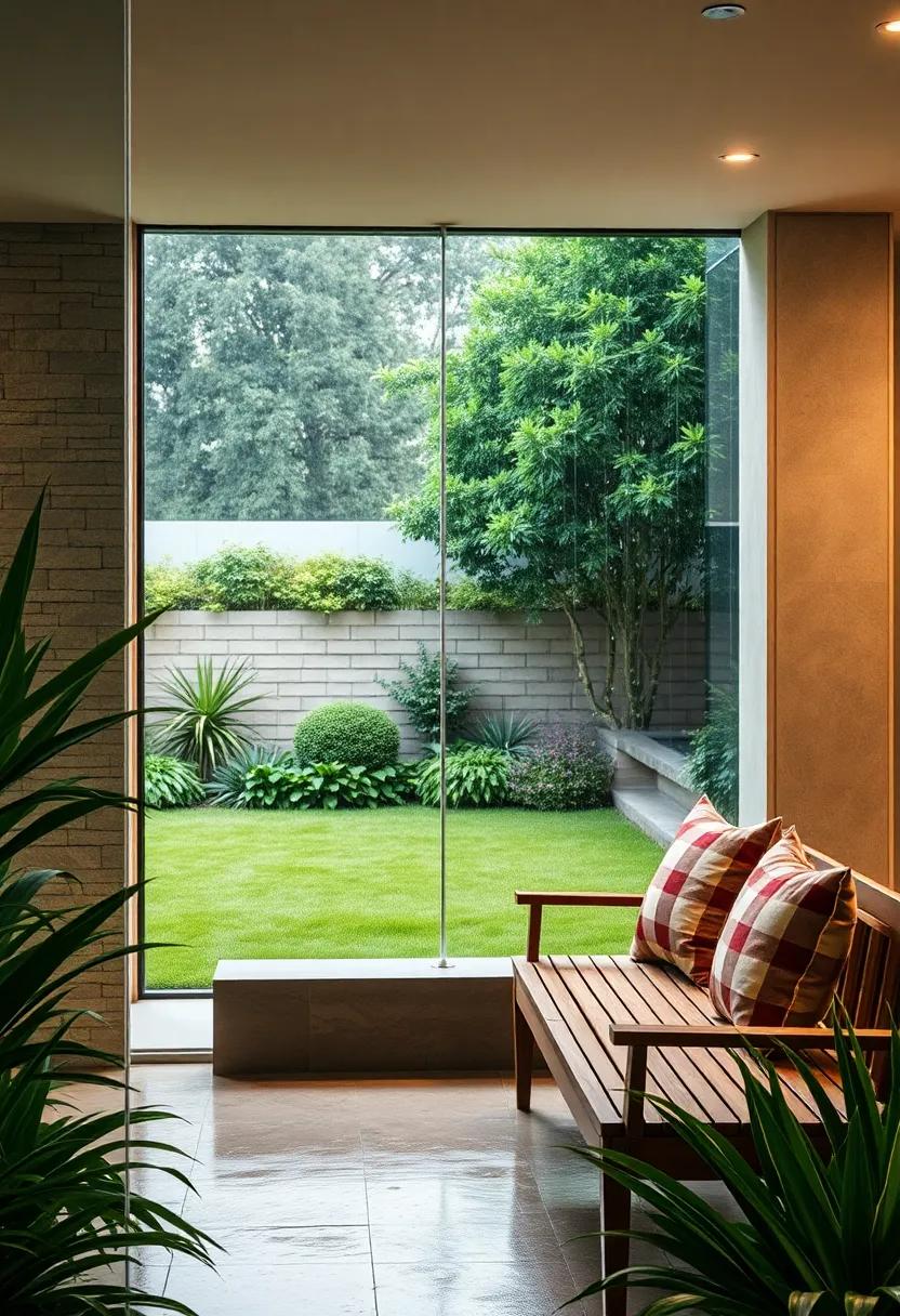 Gentle Raindrops Gliding Down Clear Glass Panels​ Overlooking a Lush Green‍ Lawn and Garden bench