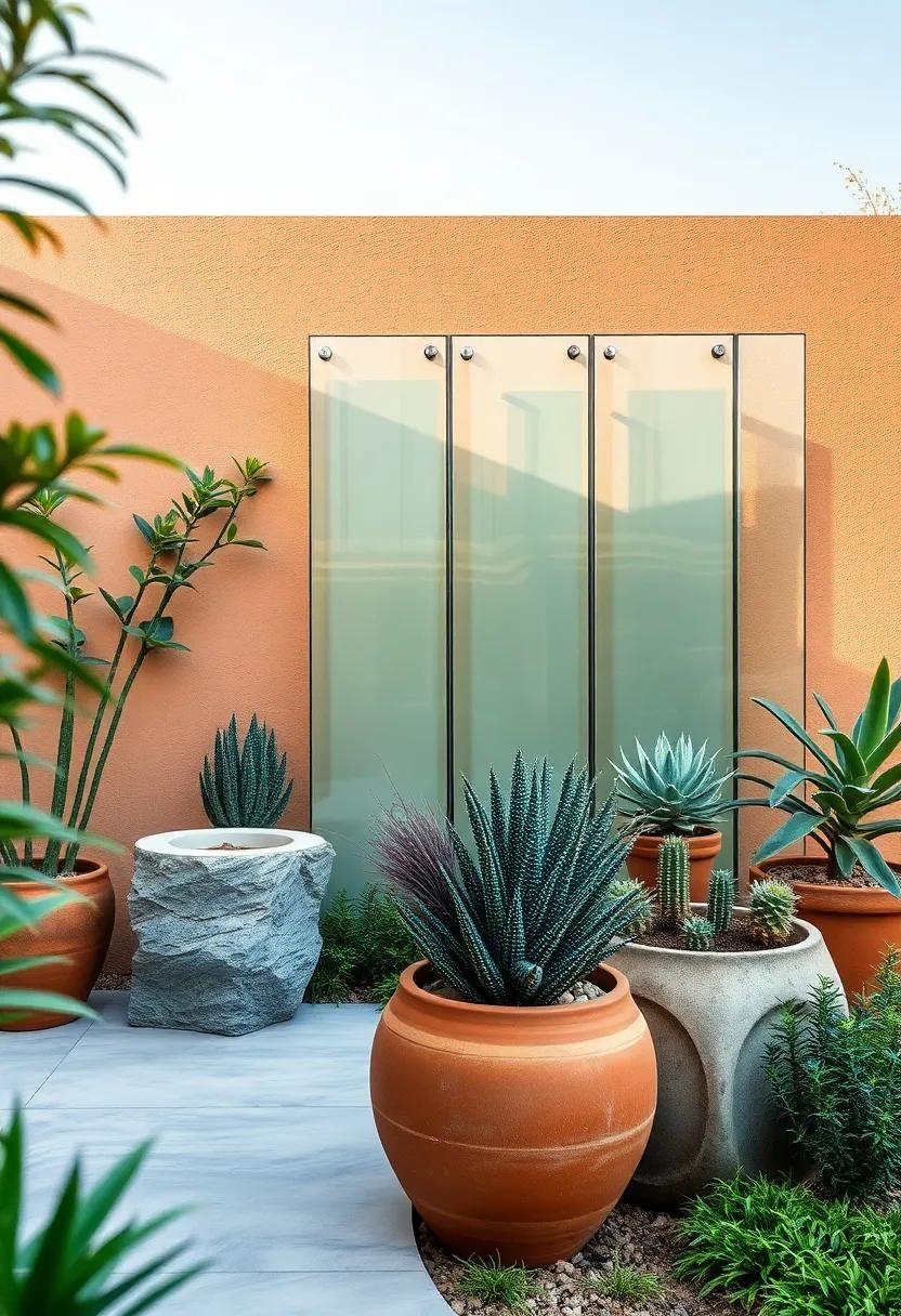 Geometric Glass Panels ⁤Forming ​a Dynamic fence Structure Amidst Rustic Clay Pots and⁤ Succulents