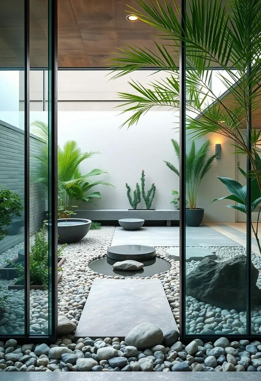 Glass Panels ‌Framing⁣ a Modern zen Garden with Smooth Pebbles and Tranquil Water Features